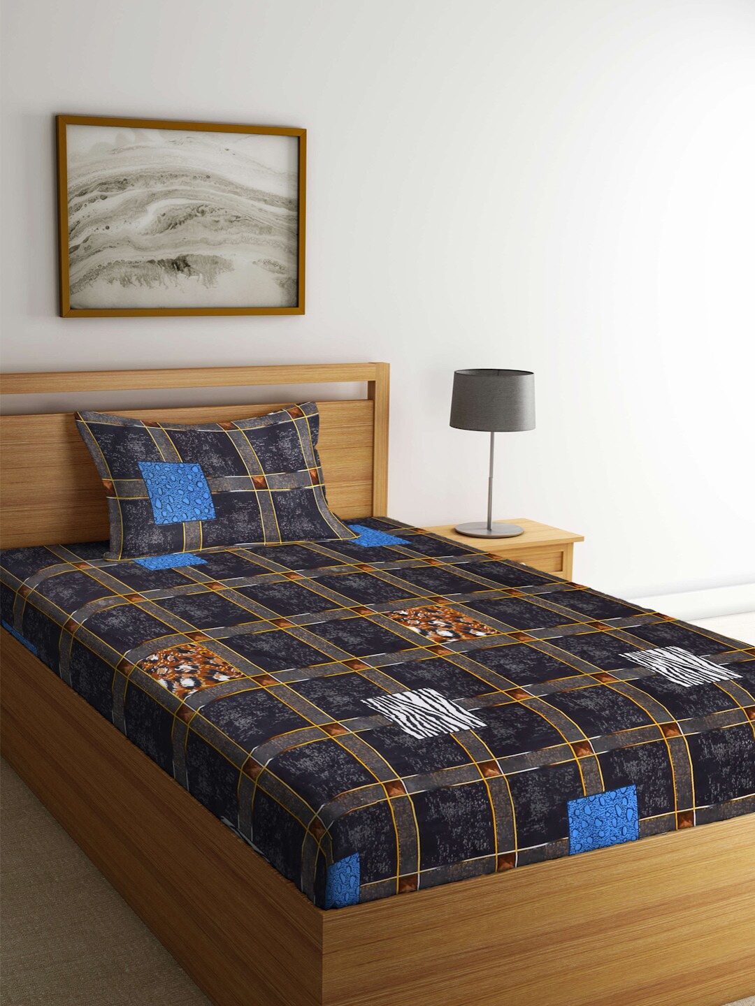 

FABINALIV Black & Blue Geometric 300 TC Single Bedsheet with 1 Pillow Cover