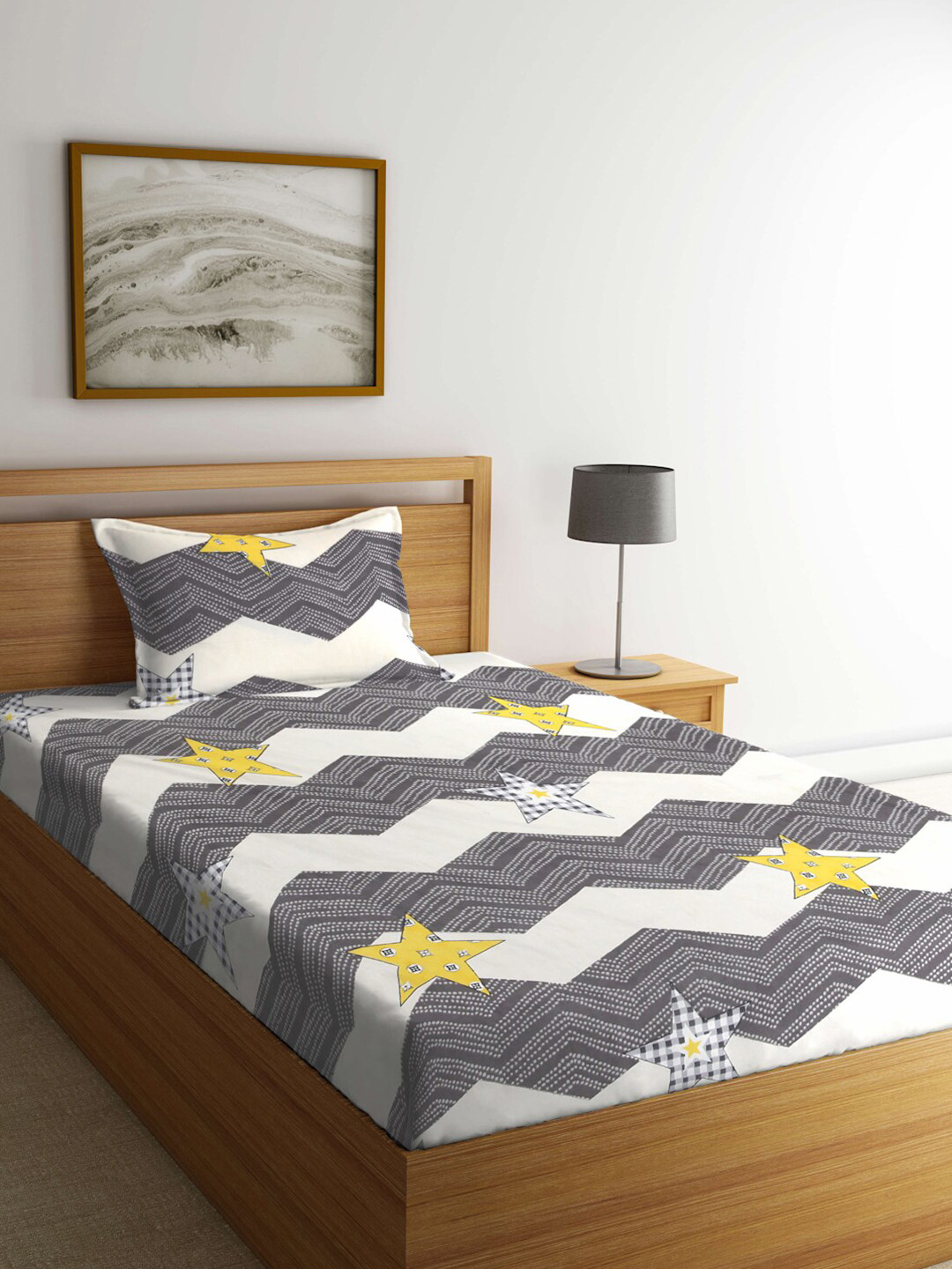 

FABINALIV White & Grey Geometric Printed 300 TC Single Bedsheet With 1 Pillow Cover