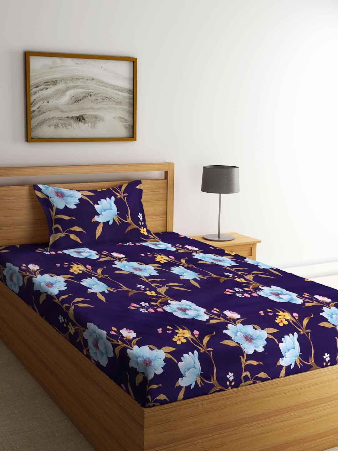 

FABINALIV Purple & Blue Floral 300 TC Single Bedsheet with 1 Pillow Cover