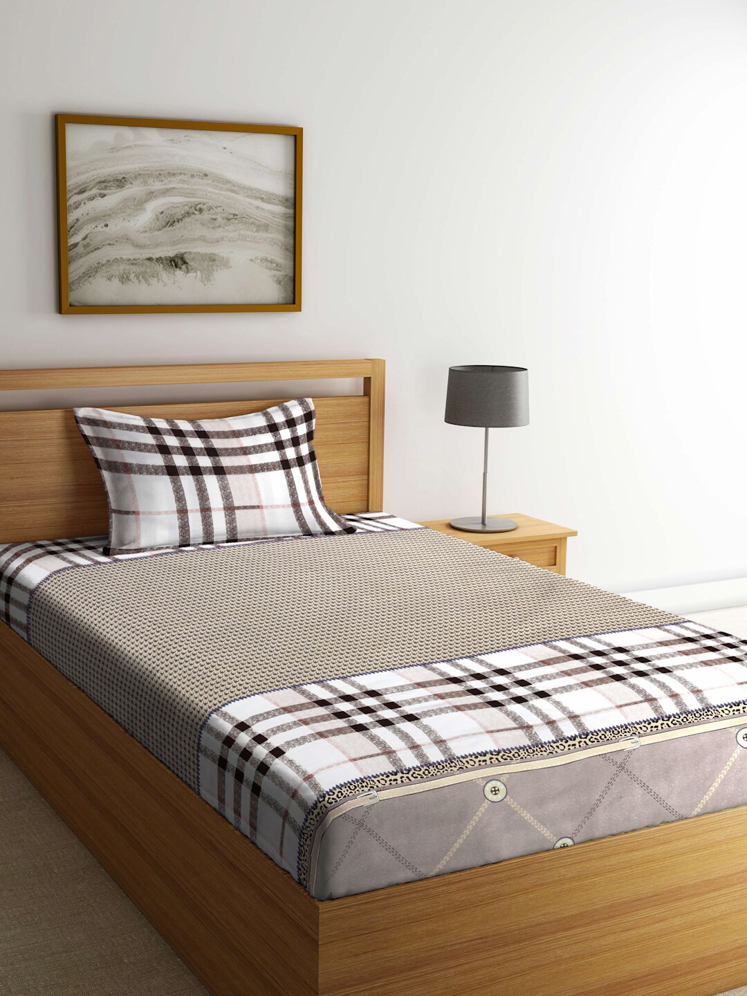 

FABINALIV Brown & White Geometric 300 TC Single Bedsheet with 1 Pillow Cover