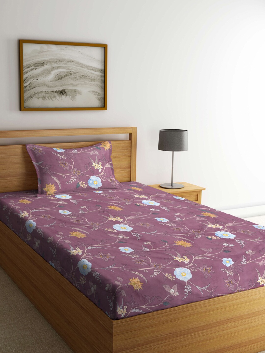 

FABINALIV Purple Floral 300 TC Single Bedsheet with Pillow Cover