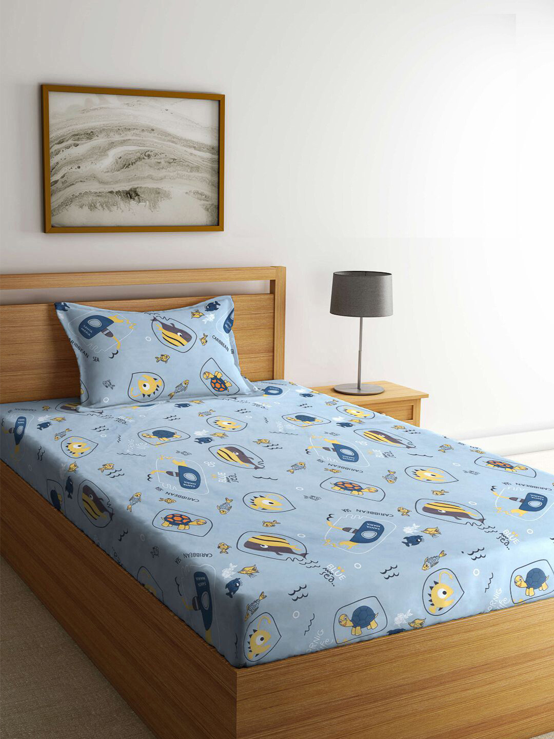 

FABINALIV Blue Cartoon Characters Printed 300 TC Single Bedsheet With 1 Pillow Cover