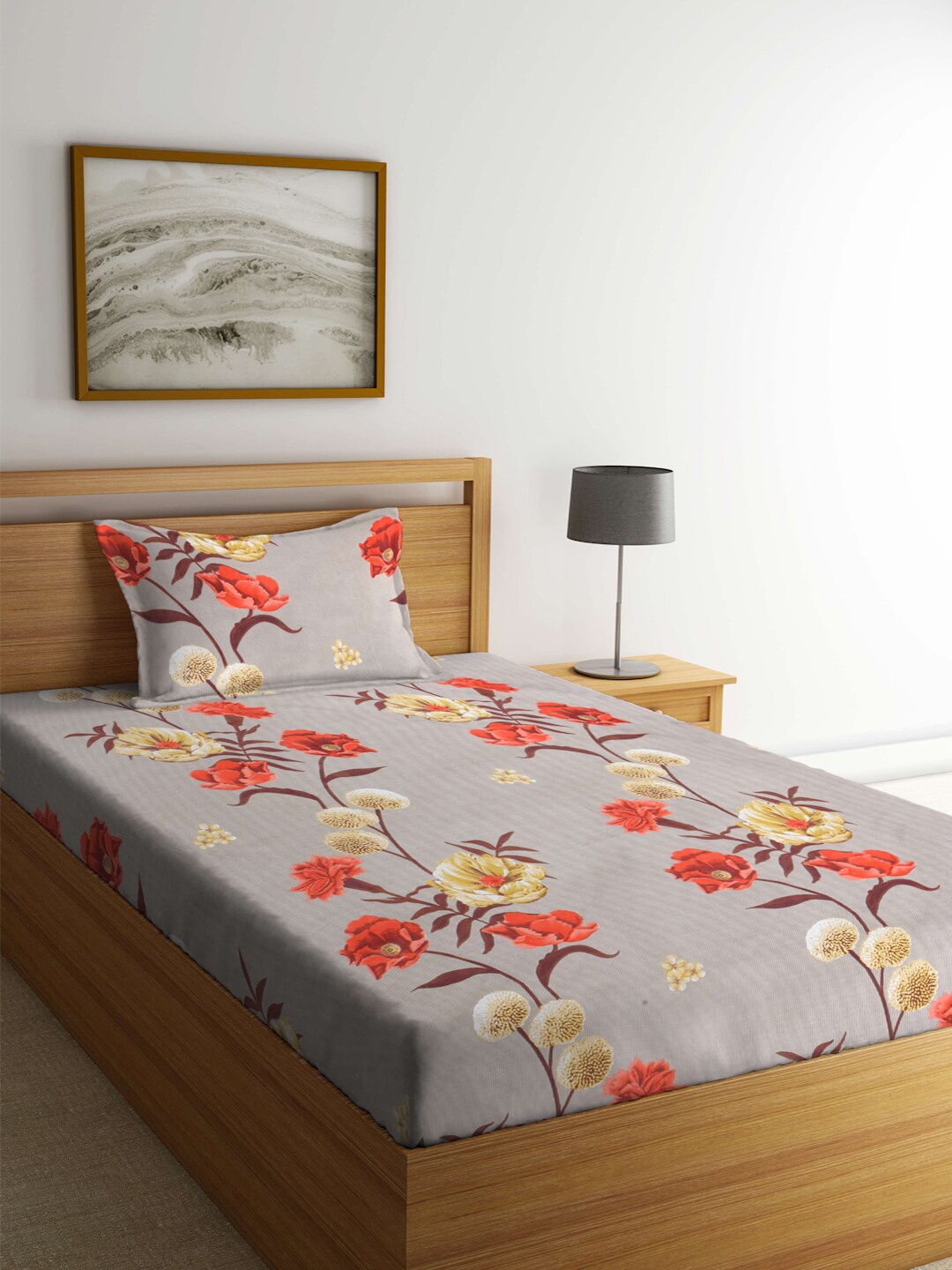 

FABINALIV Beige & Red Floral 300 TC Single Bedsheet with 1 Pillow Cover
