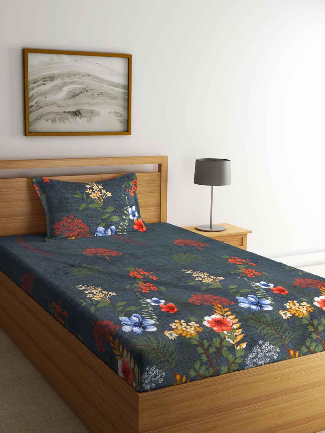 

FABINALIV Grey & Red Floral 300 TC Single Bedsheet with 1 Pillow Cover
