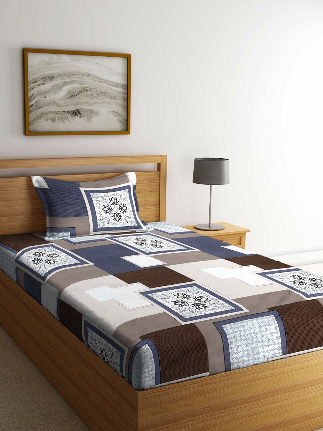 

FABINALIV Grey & Navy Blue Geometric Printed 300 TC Single Bedsheet With 1 Pillow Cover