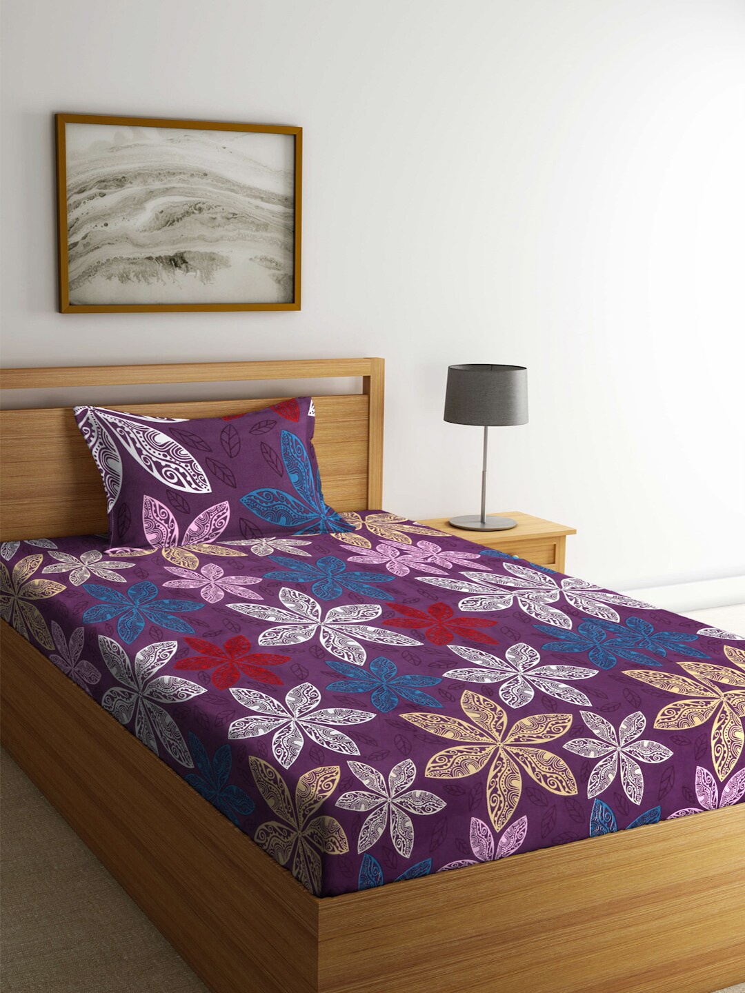 

FABINALIV Purple & Red Floral 300 TC Single Bedsheet with 1 Pillow Cover