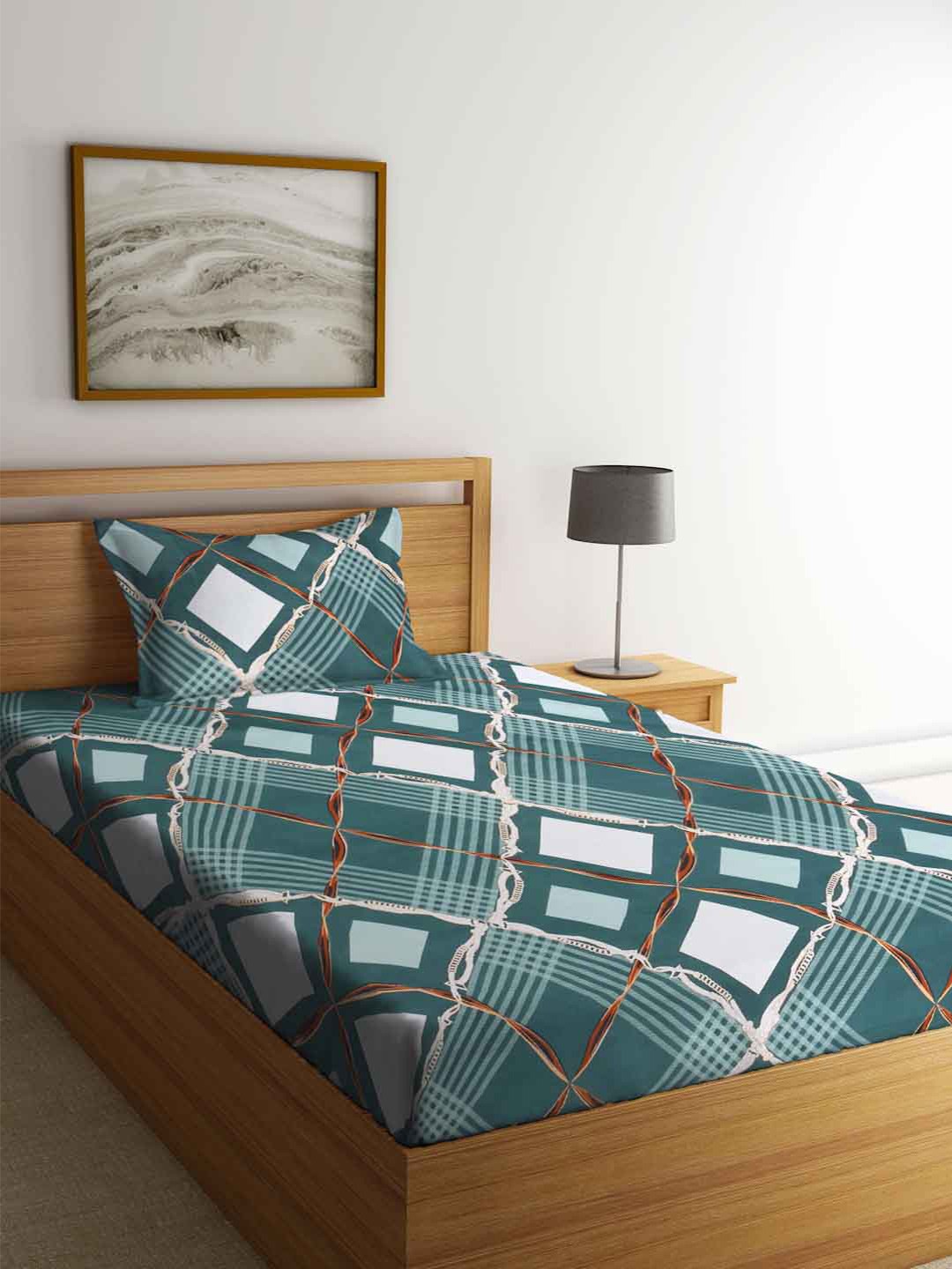 

FABINALIV Green & White Geometric Printed 300 TC Single Bedsheet & Pillow Cover