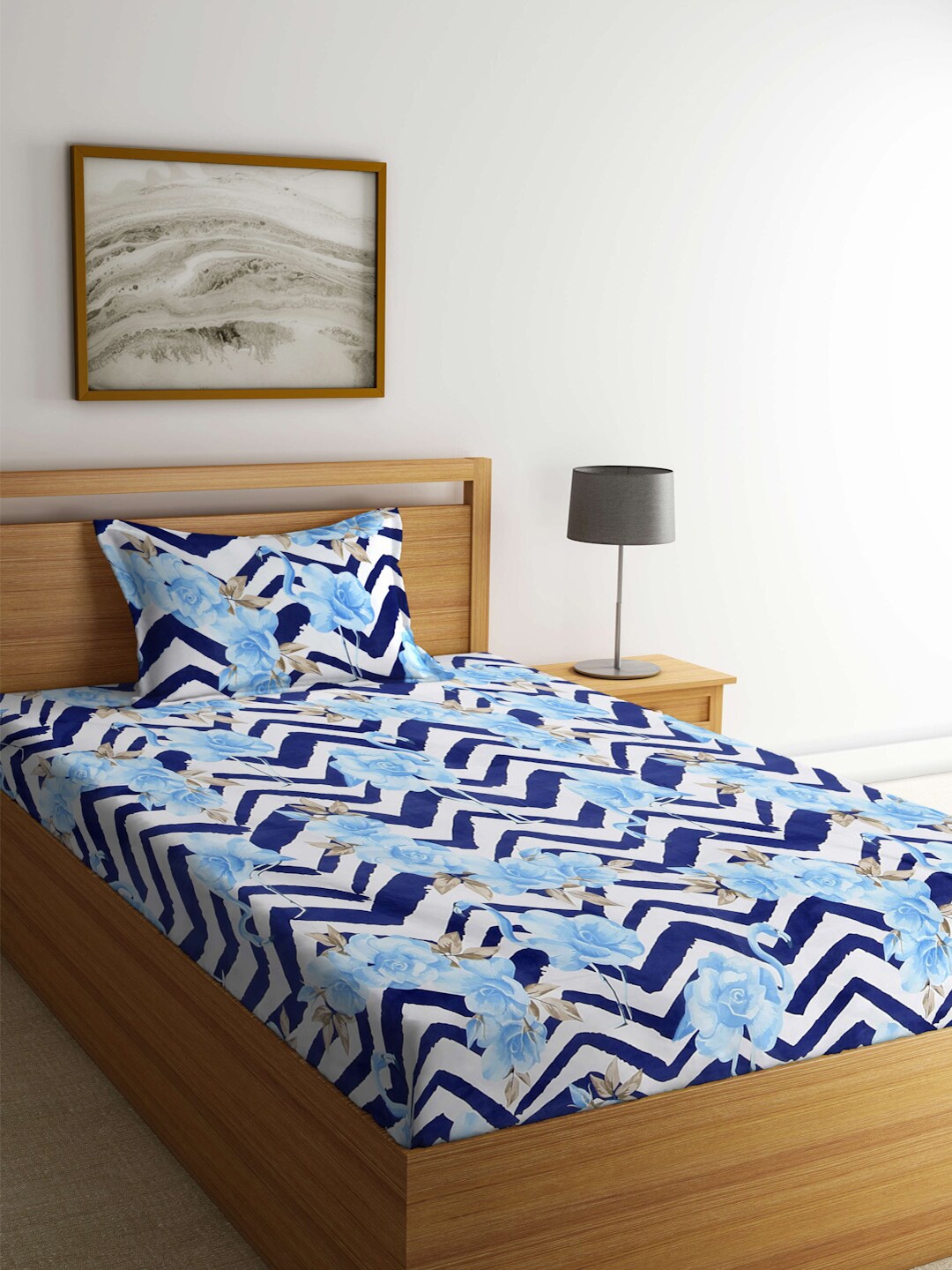 

FABINALIV Blue & White Floral Printed 300 TC Single Bedsheet & Pillow Cover
