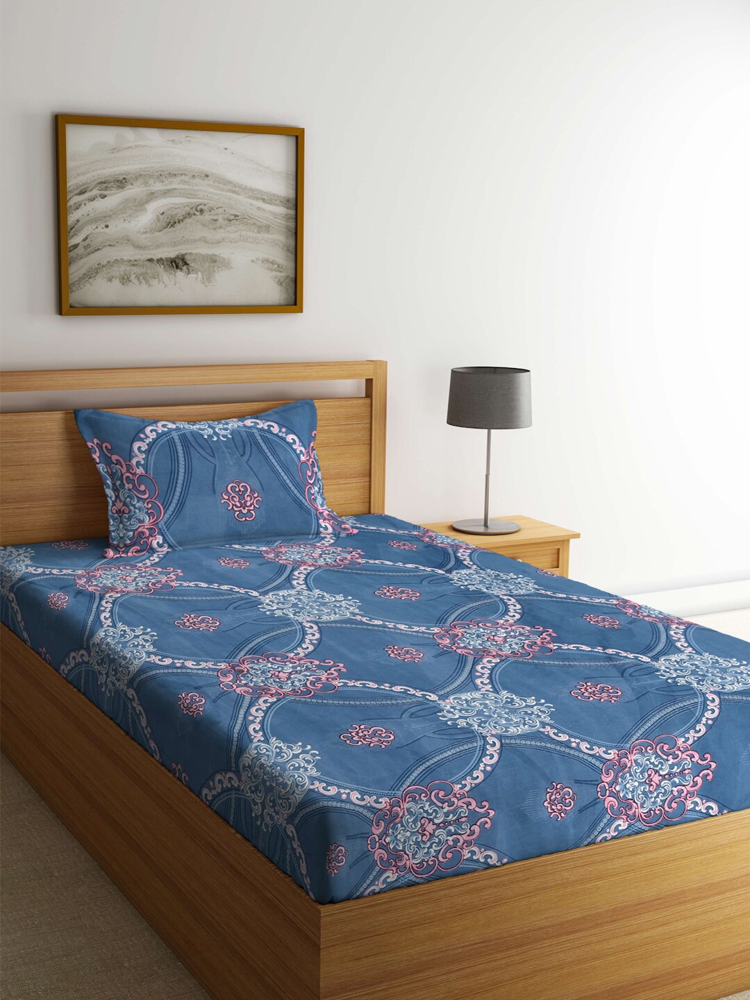 

FABINALIV Blue & Pink Ethnic Motifs Printed 300 TC Single Bedsheet & Pillow Cover