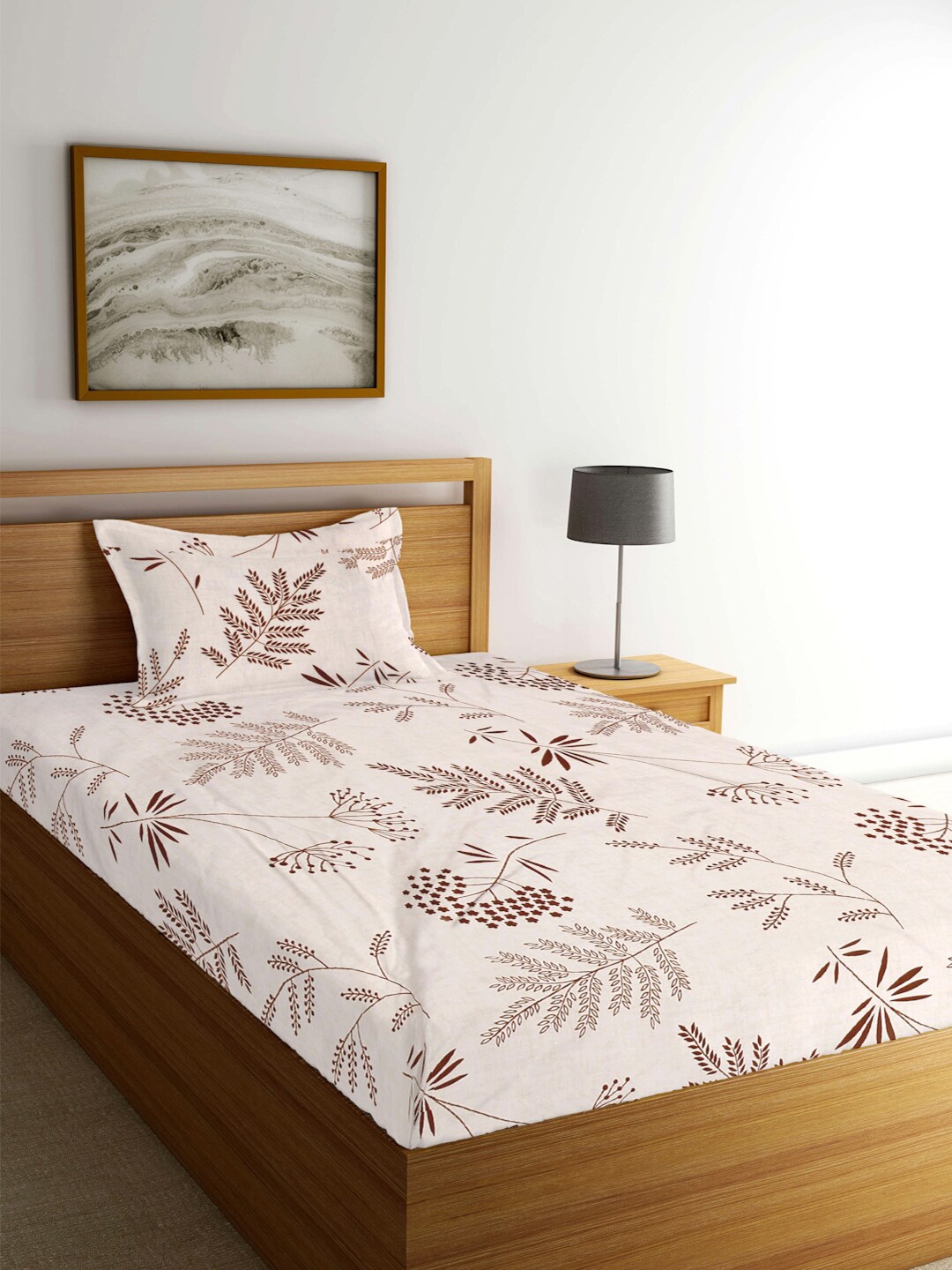 

FABINALIV Cream-Coloured & Brown Floral Printed 300 TC Single Bedsheet & Pillow Cover
