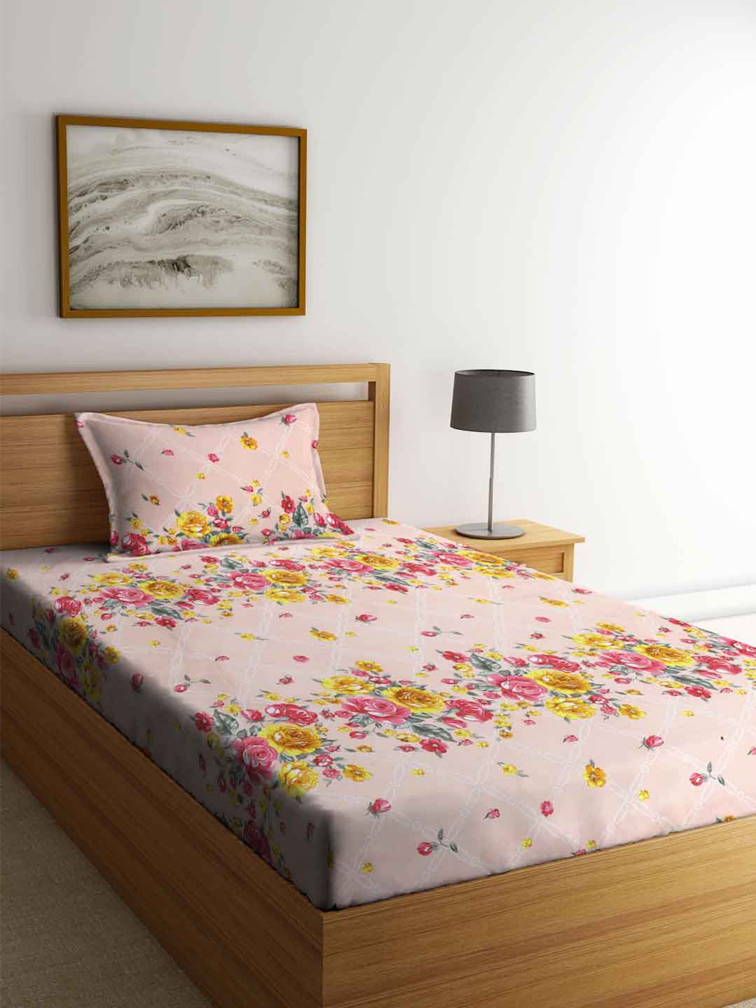 

FABINALIV Peach-Coloured & Pink Floral Printed 300 TC Single Bedsheet & Pillow Cover