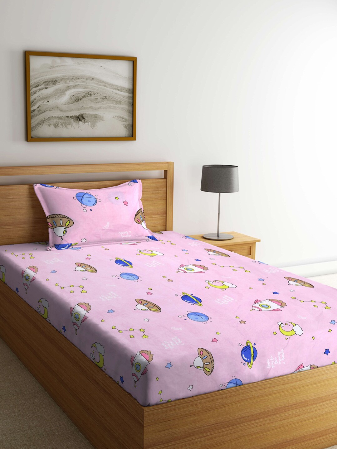 

FABINALIV Pink & Blue Cartoon Printed 300 TC Single Bedsheet With 1 Pillow Cover