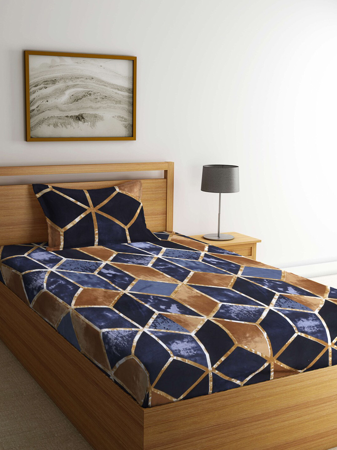 

FABINALIV Blue & Grey Geometric Printed 300 TC Single Bedsheet & Pillow Cover