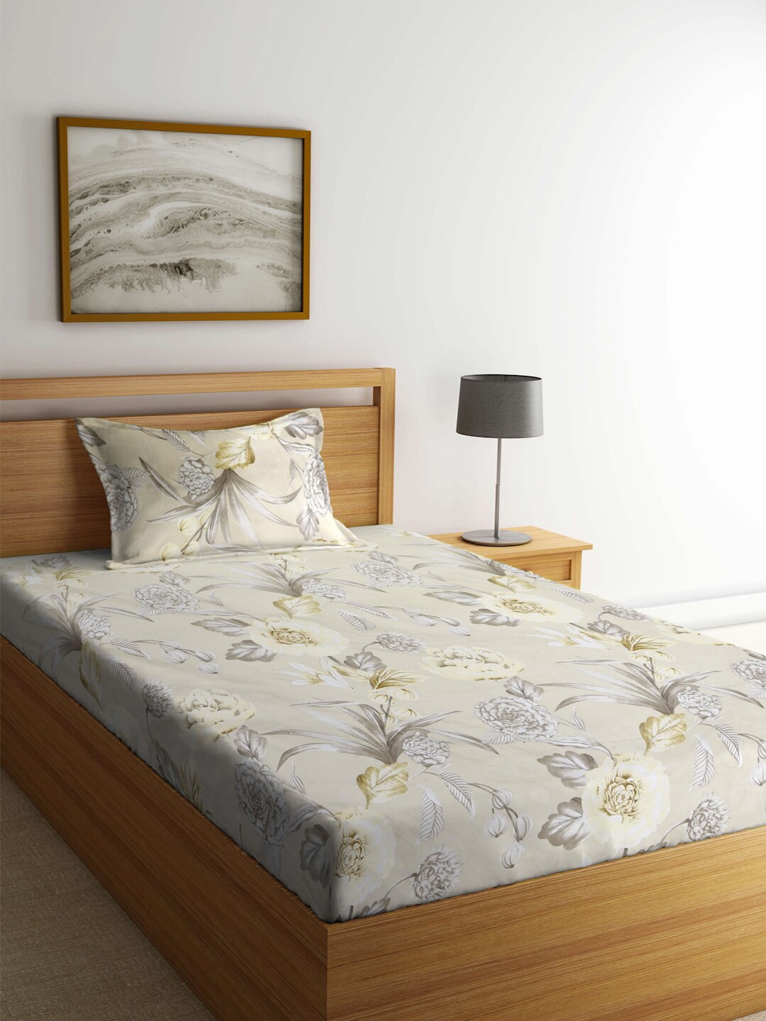 

FABINALIV Cream-Coloured & Grey Floral Printed 300 TC Single Bedsheet & Pillow Cover