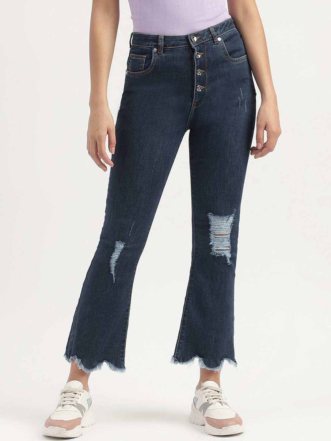 

United Colors of Benetton Women Bootcut Mildly Distressed Cotton Jeans, Navy blue
