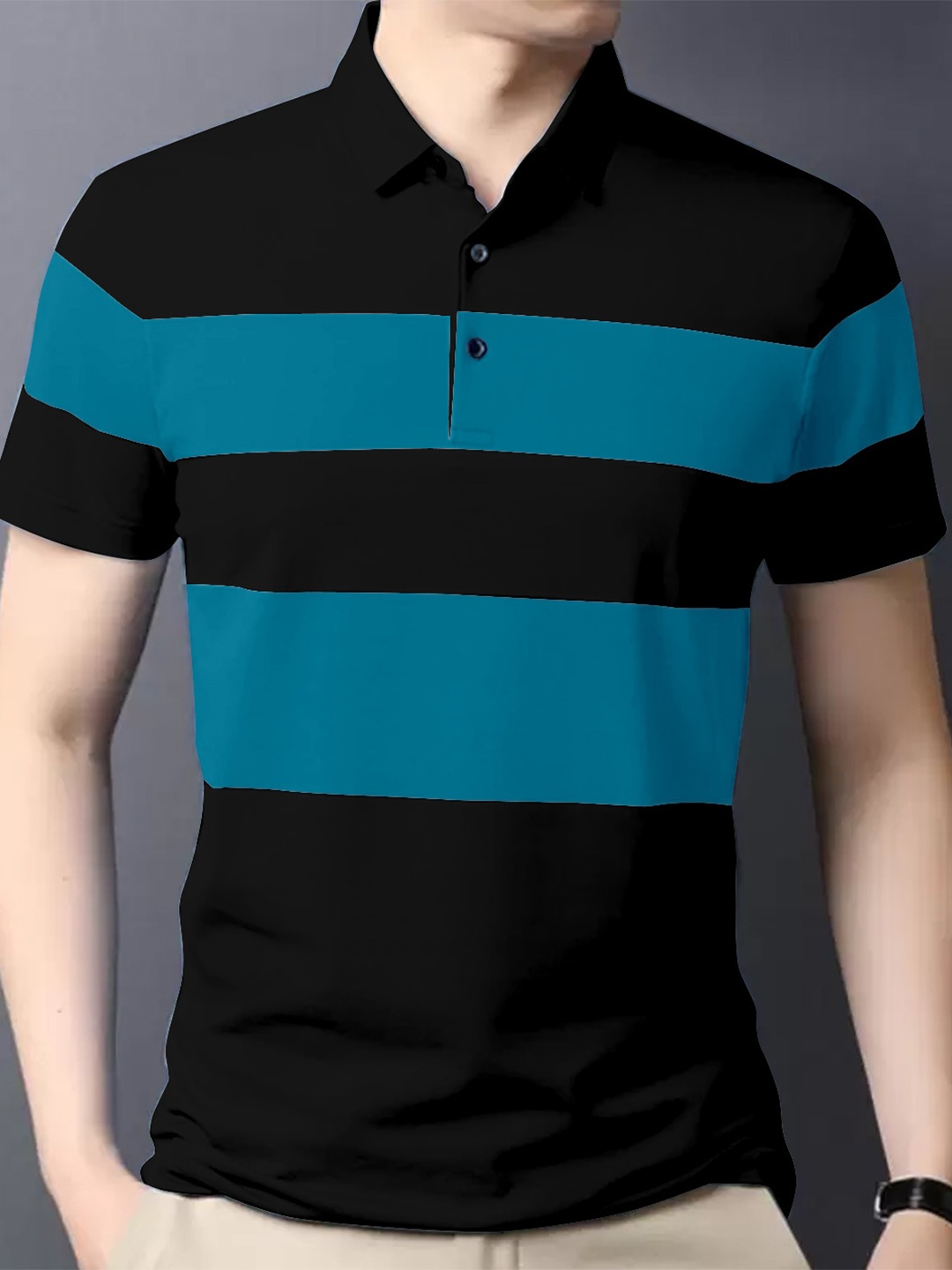 

GESPO Colourblocked Polo Collar Cotton T-Shirt, Teal