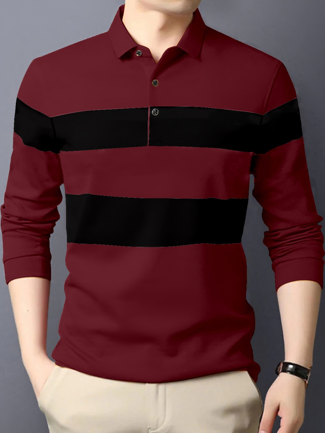 

GESPO Men Colourblocked Polo Collar Cotton T-Shirt, Maroon