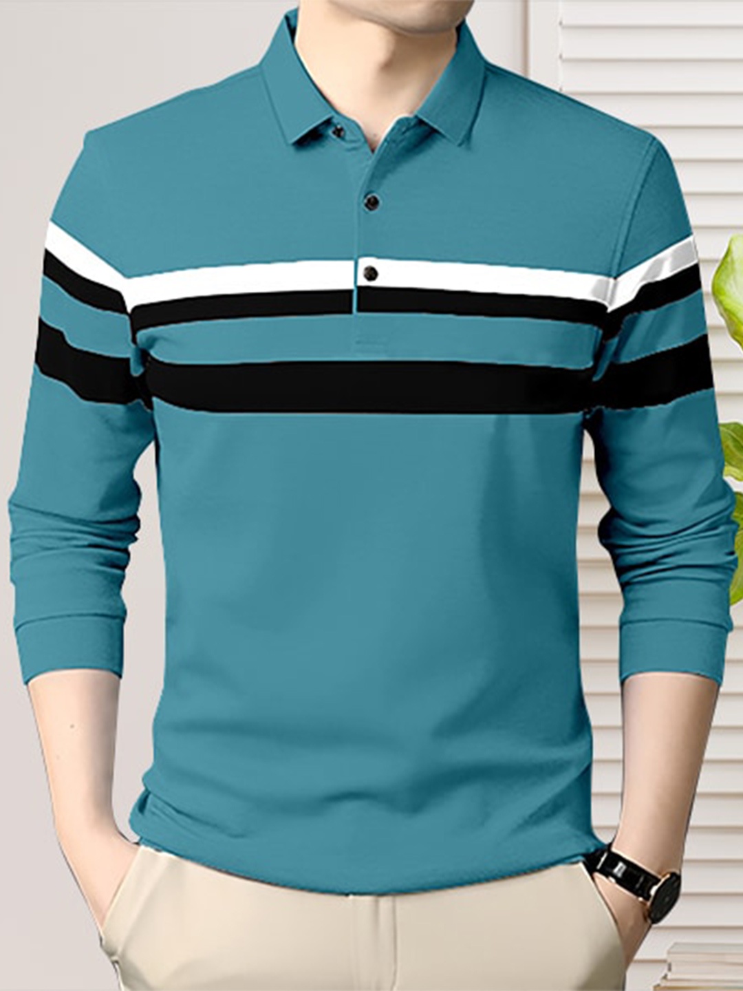 

GESPO Horizontal Striped Polo Collar Cotton T-Shirt, Teal
