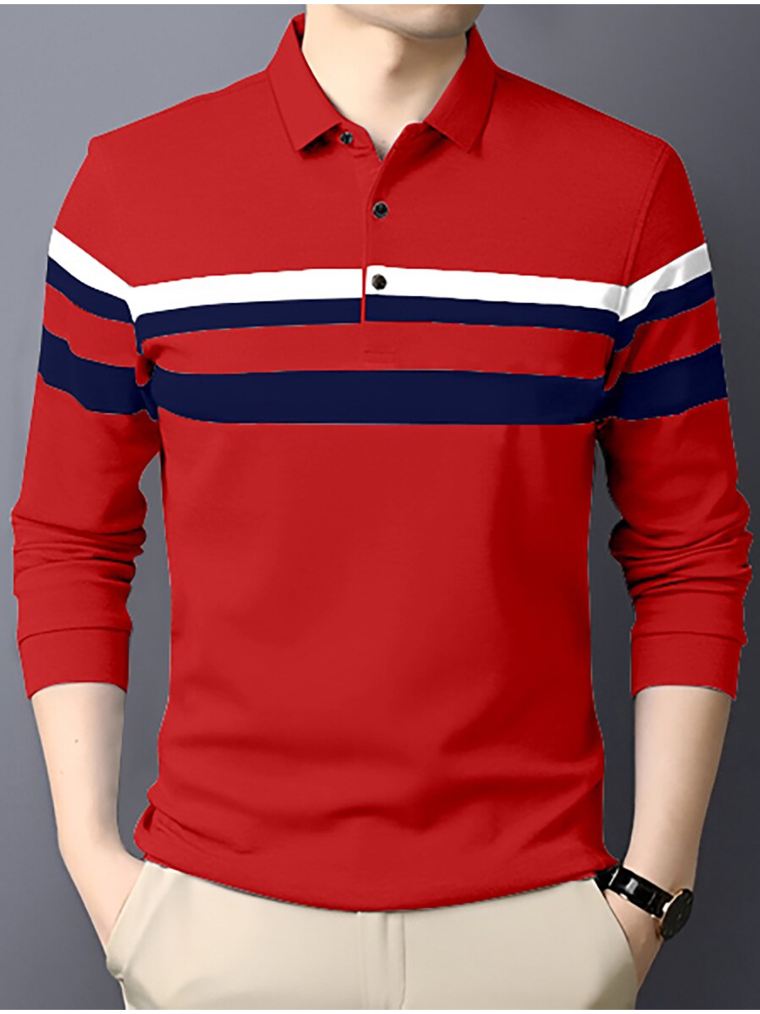 

GESPO Men Striped Cotton Polo Collar T-shirt, Red
