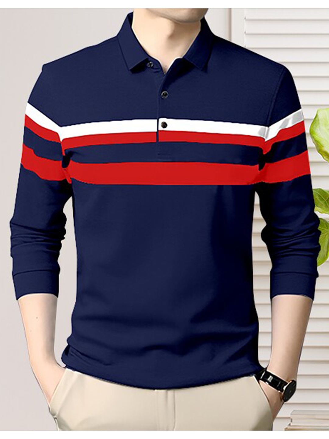 

GESPO Men Striped Cotton Polo Collar T-shirt, Navy blue