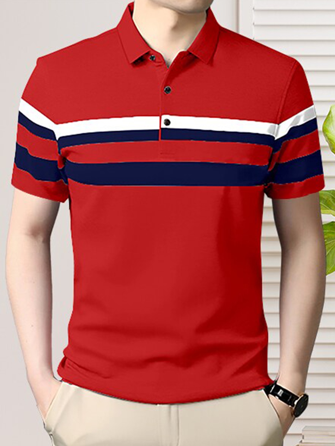 

GESPO Men Striped Cotton Polo Collar T-shirt, Red