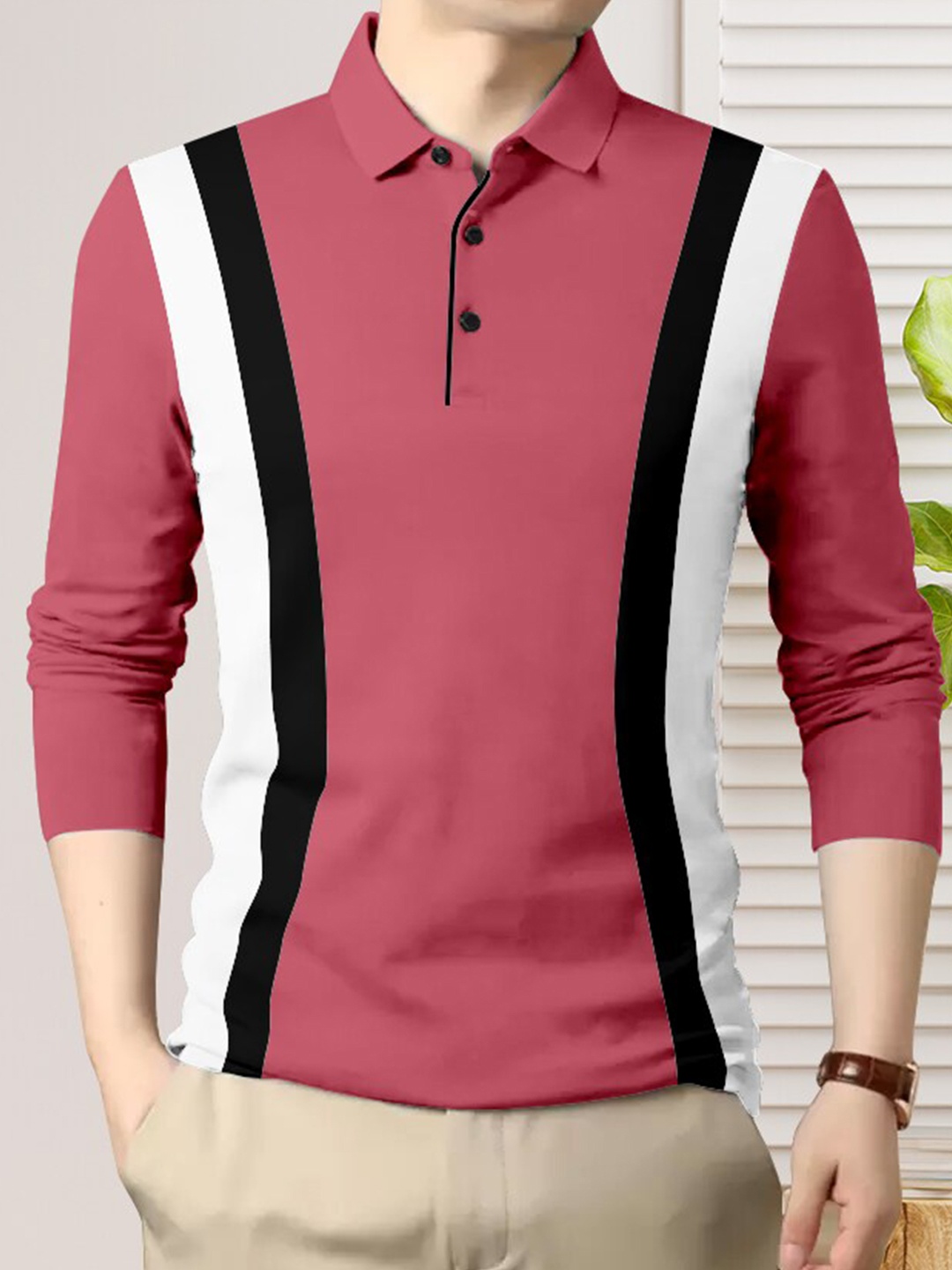 

GESPO Men Striped Cotton Polo Collar T-shirt, Peach