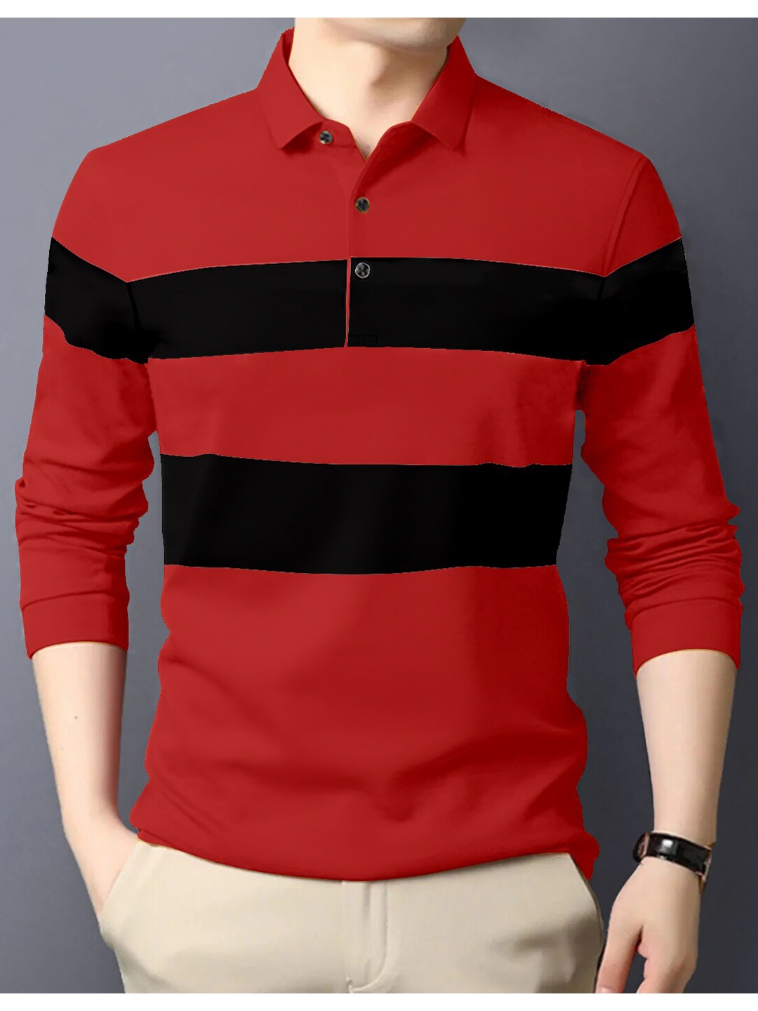 

GESPO Men Striped Cotton Polo Collar T-shirt, Red