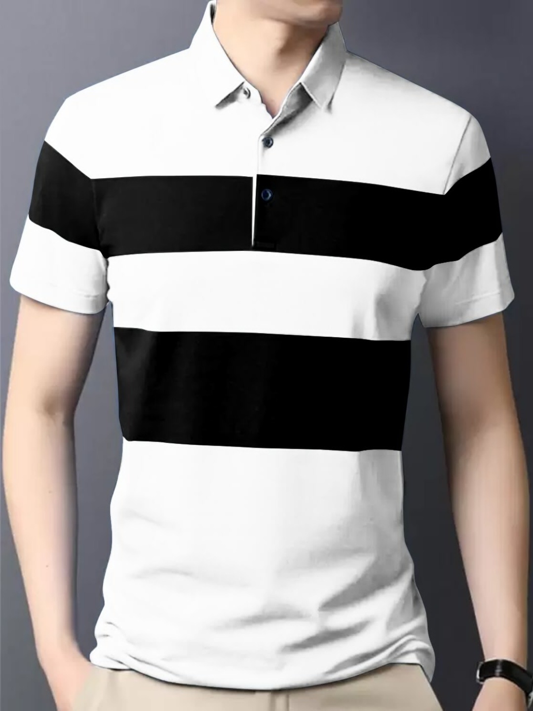 

GESPO Men Striped Cotton Polo Collar T-shirt, White