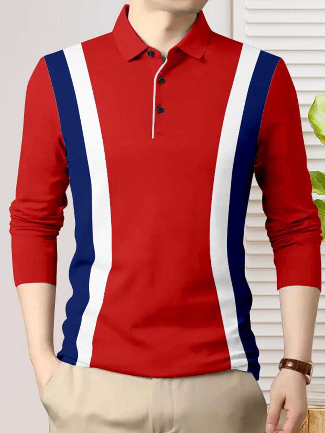 

GESPO Men Striped Cotton Polo Collar T-shirt, Red
