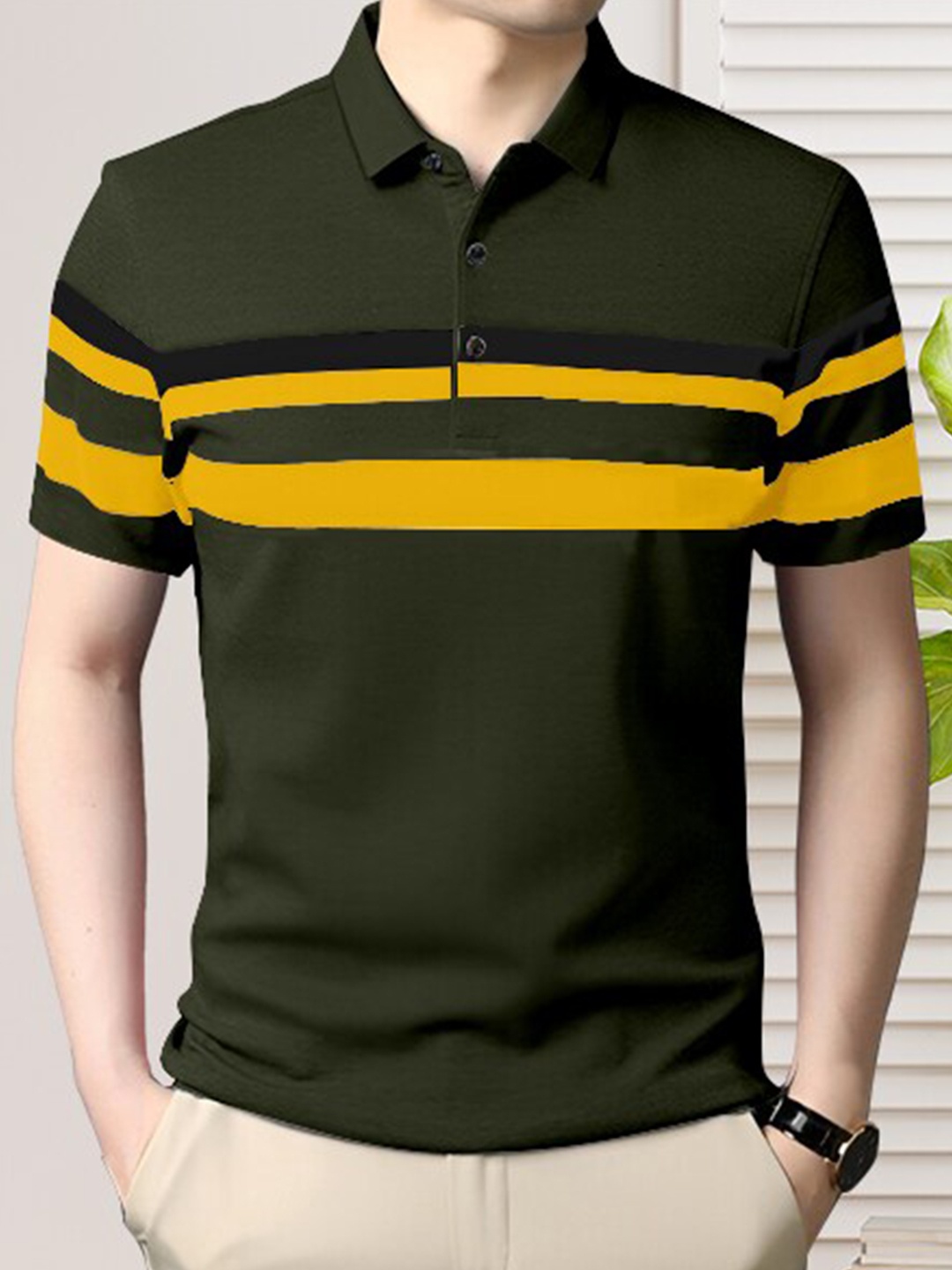 

GESPO Men Striped Cotton Polo Collar T-shirt, Olive