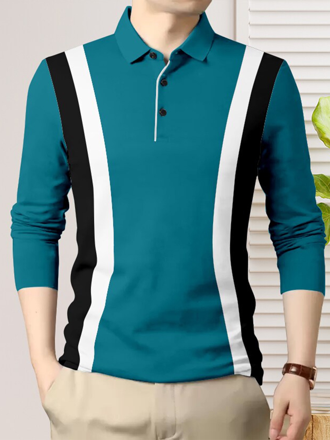 

GESPO Striped Polo Collar Cotton T-shirt, Teal