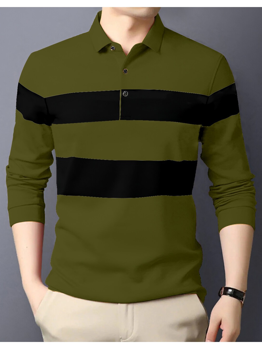 

GESPO Striped Polo Collar Cotton T-shirt, Olive