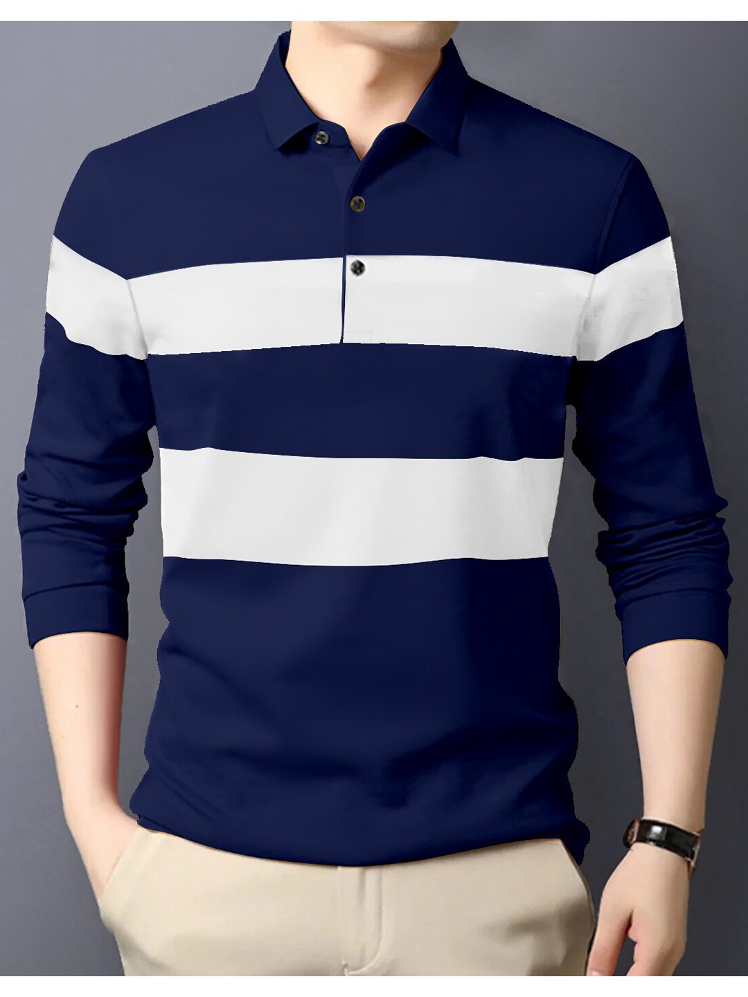 

GESPO Striped Polo Collar Cotton T-shirt, Blue