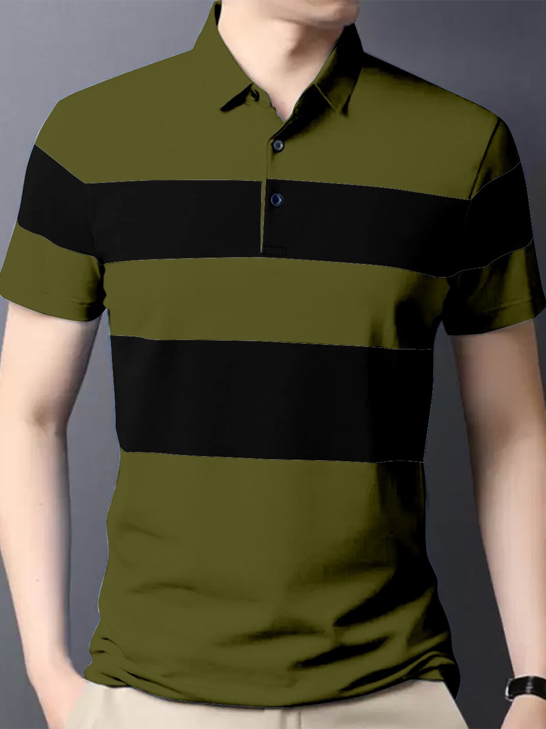 

GESPO Striped Polo Collar Cotton T-shirt, Olive