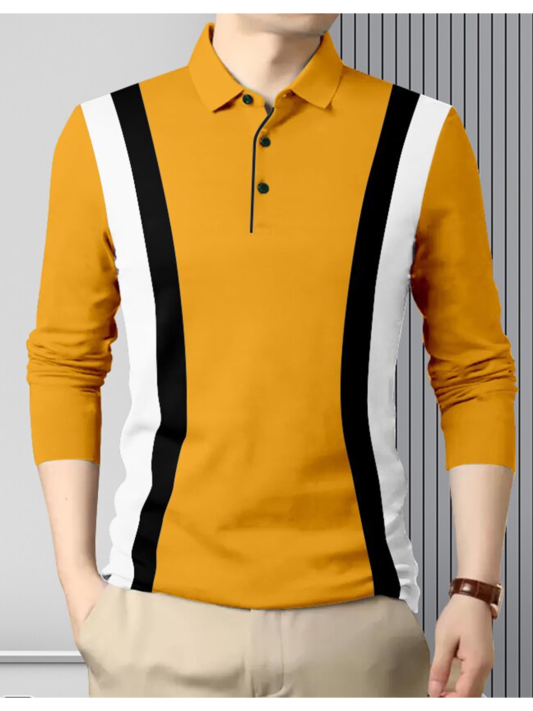 

GESPO Striped Polo Collar Cotton T-shirt, Mustard