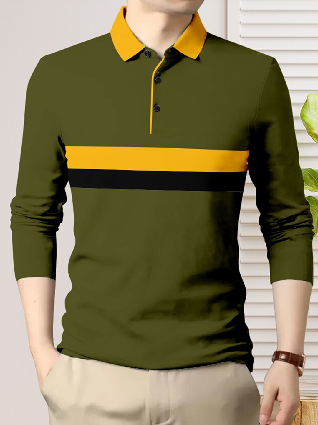 

GESPO Striped Polo Collar Cotton T-shirt, Olive