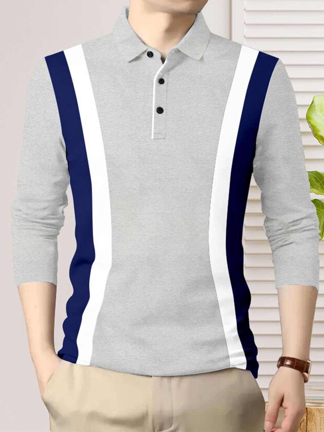 

GESPO Striped Polo Collar Cotton T-shirt, Grey