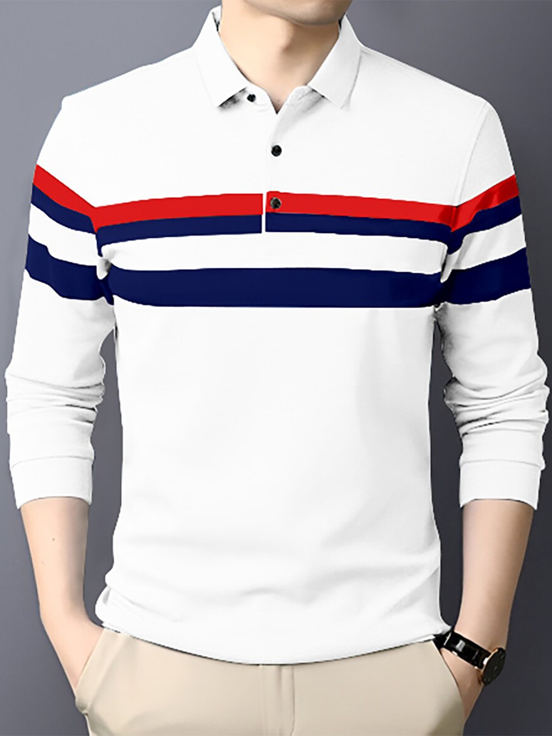 

GESPO Striped Polo Collar Cotton T-shirt, White