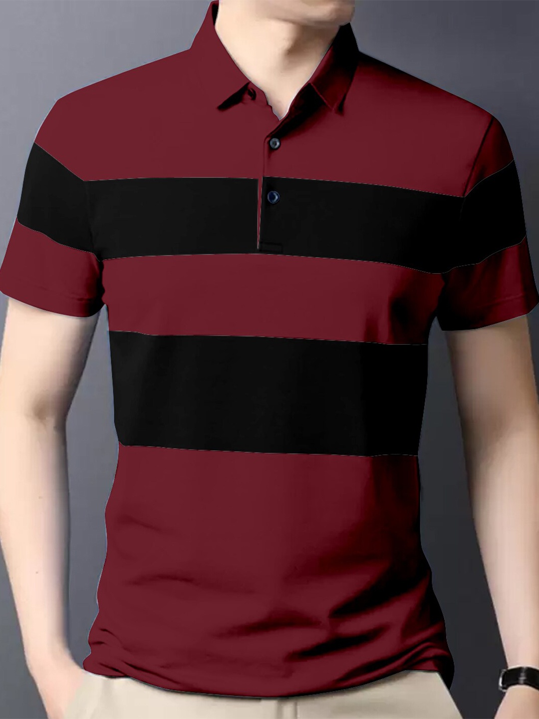 

GESPO Striped Polo Collar Cotton T-shirt, Maroon
