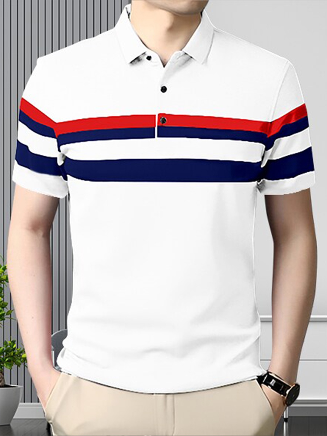 

GESPO Striped Polo Collar Cotton T-shirt, White