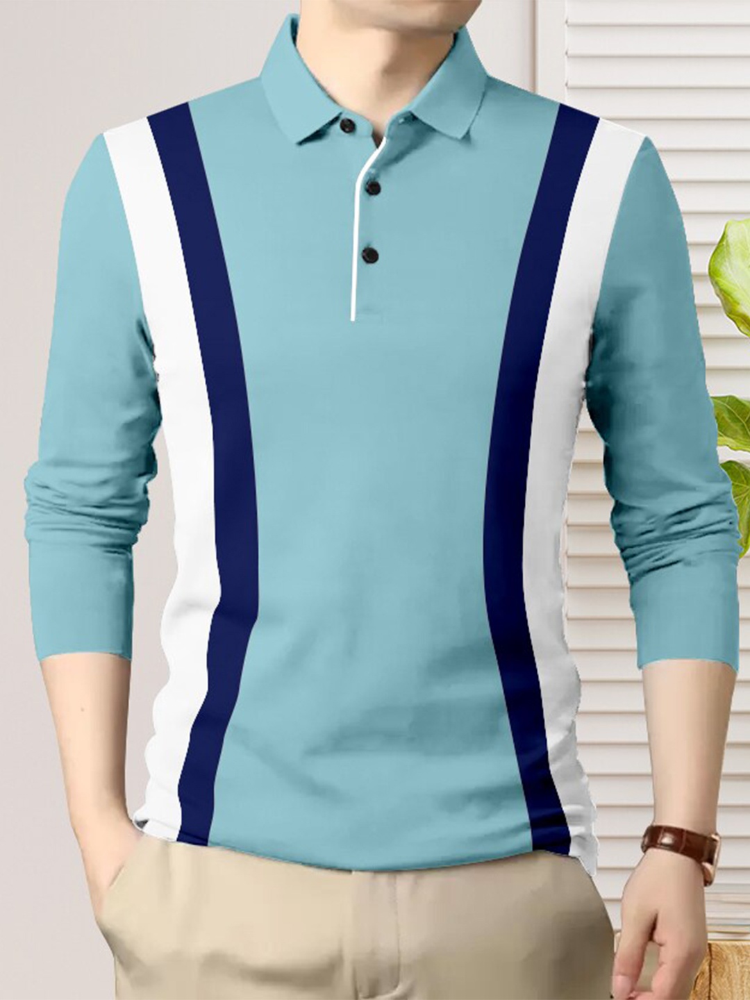 

GESPO Striped Polo Collar Cotton T-shirt, Sea green
