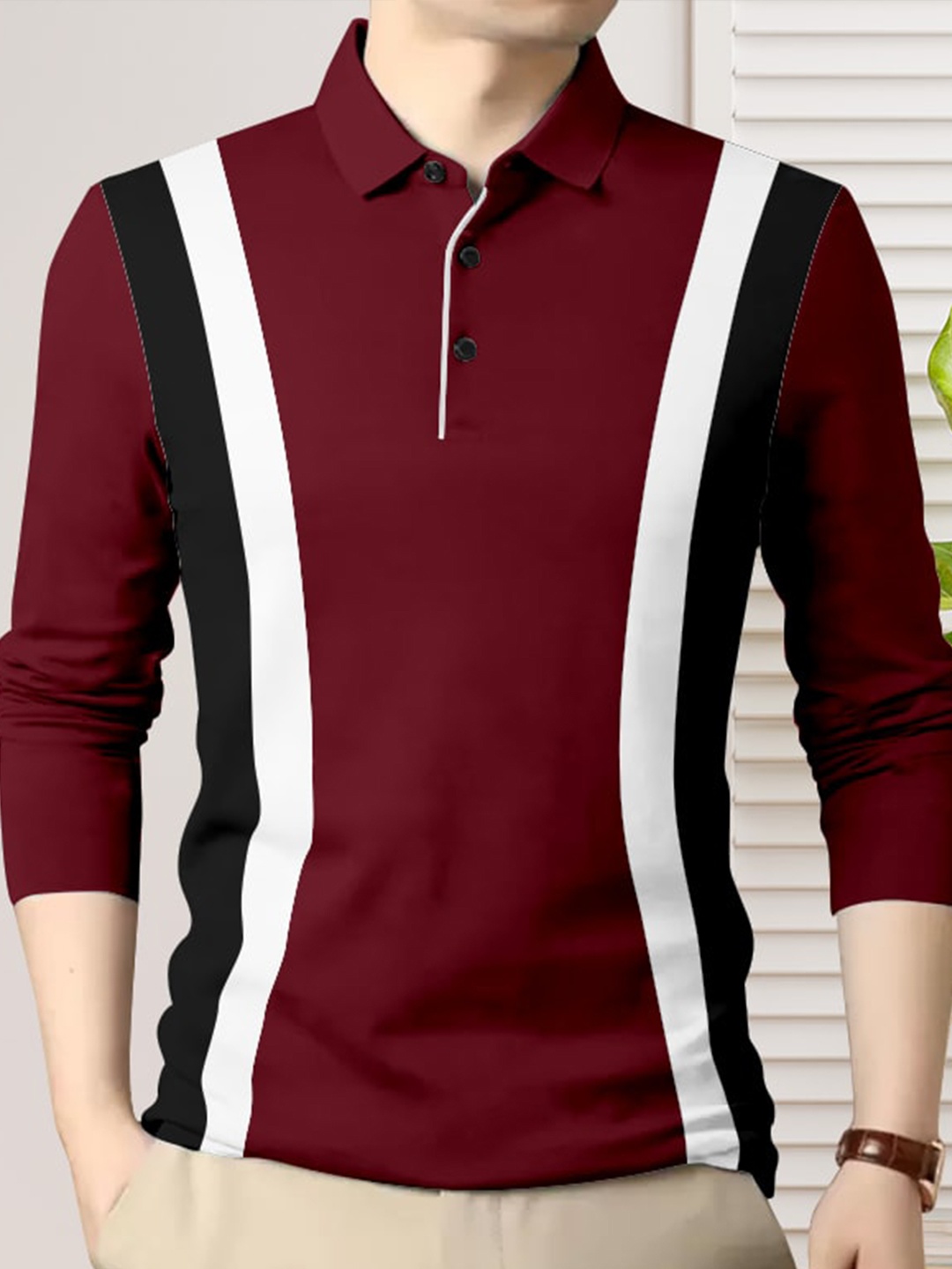 

GESPO Striped Polo Collar Cotton T-shirt, Burgundy