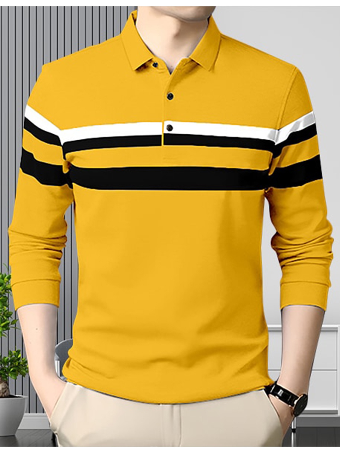 

GESPO Striped Polo Collar Cotton T-shirt, Mustard