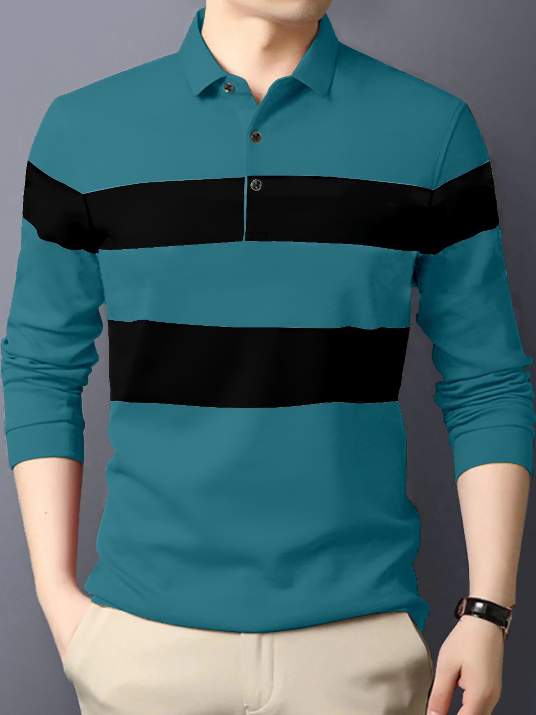 

GESPO Striped Polo Collar Cotton T-shirt, Teal