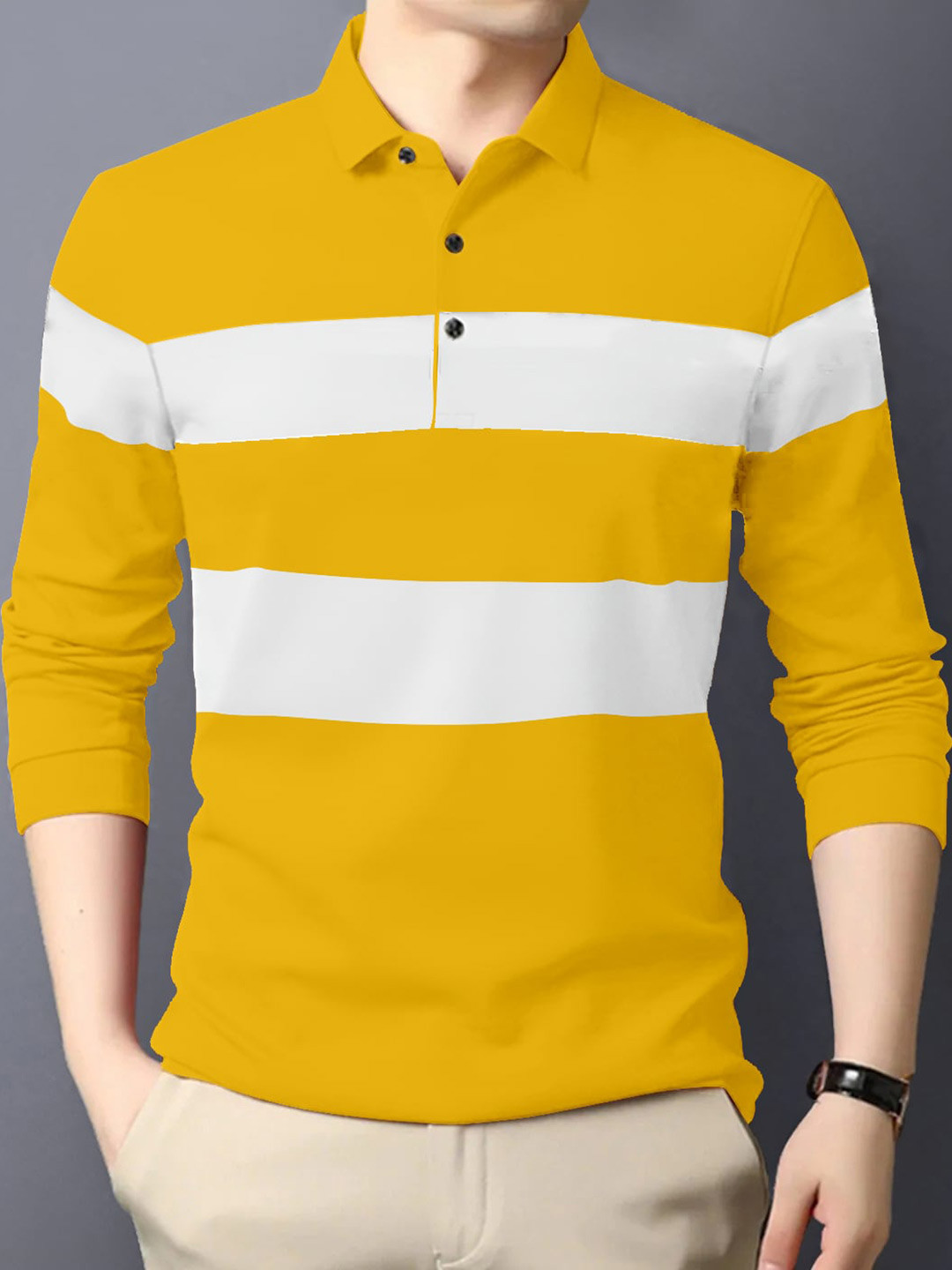 

GESPO Striped Polo Collar Cotton T-shirt, Yellow