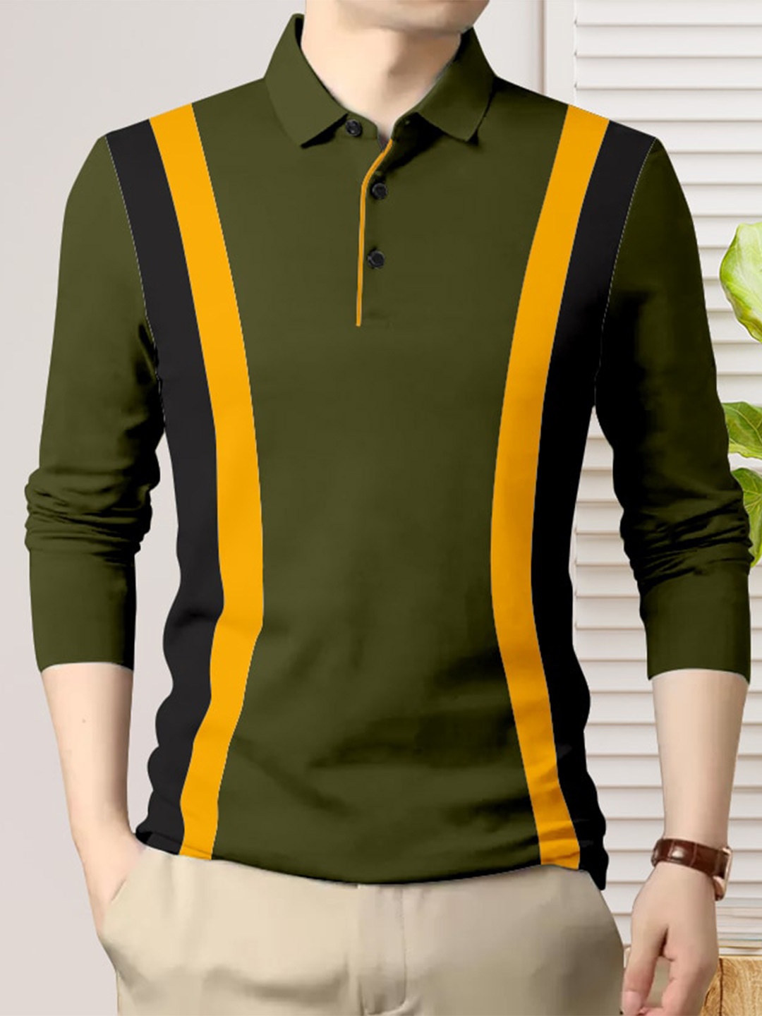 

GESPO Striped Polo Collar Cotton T-shirt, Olive