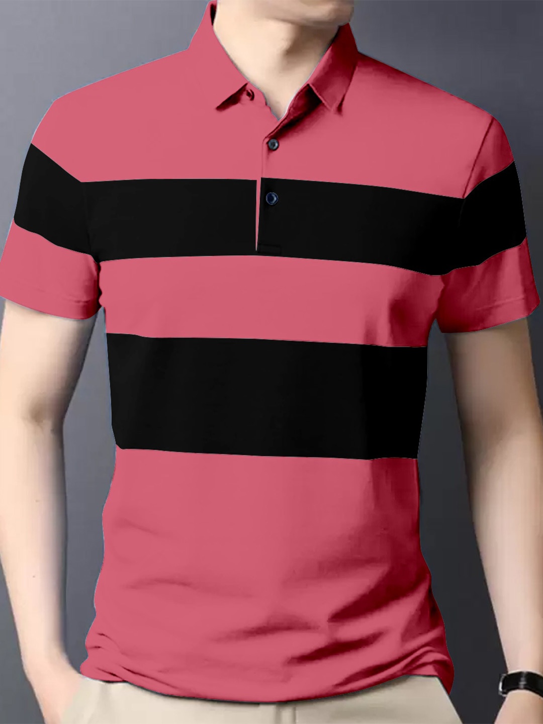 

GESPO Striped Polo Collar Cotton T-shirt, Peach
