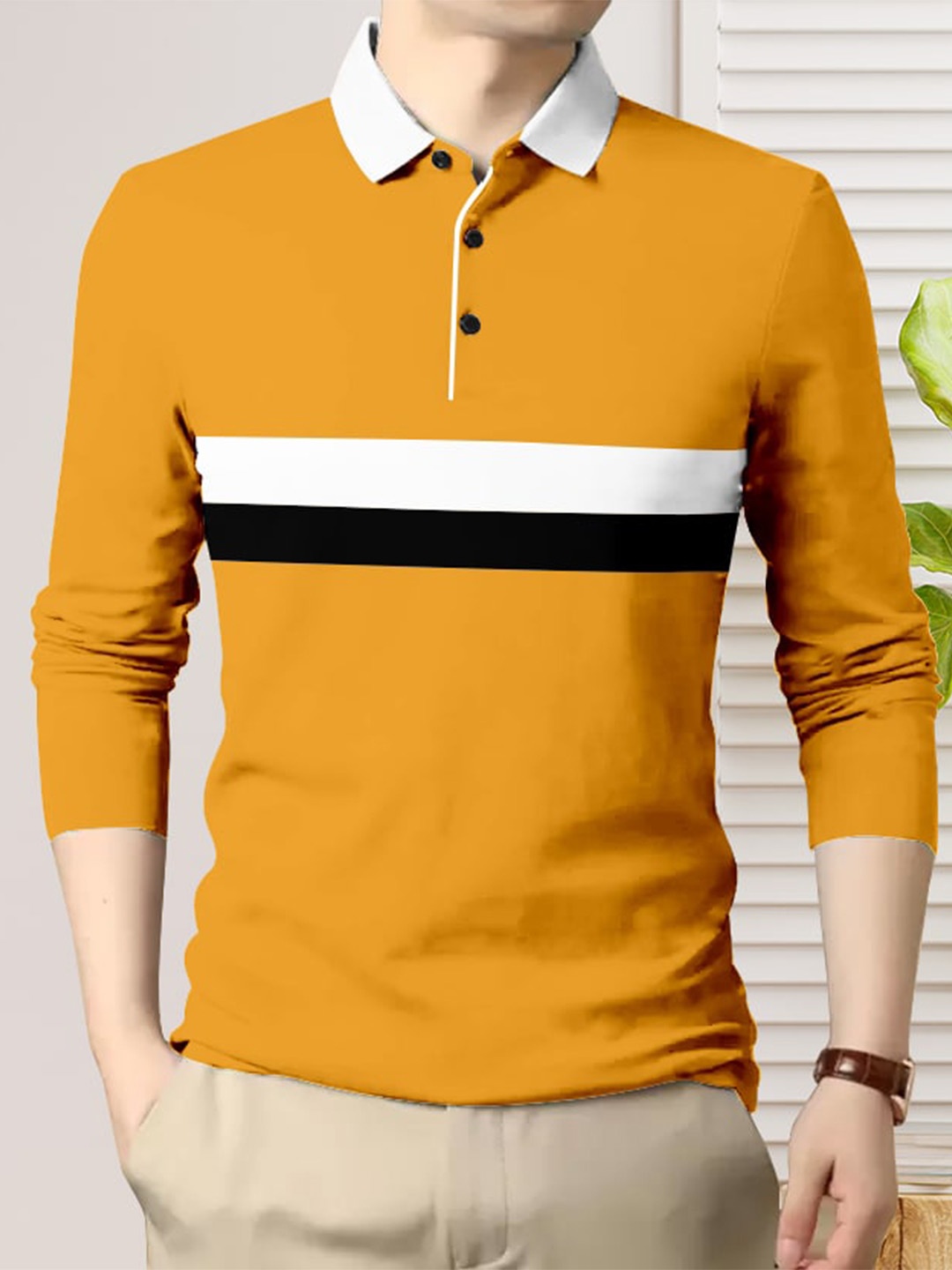 

GESPO Striped Polo Collar Cotton T-shirt, Mustard