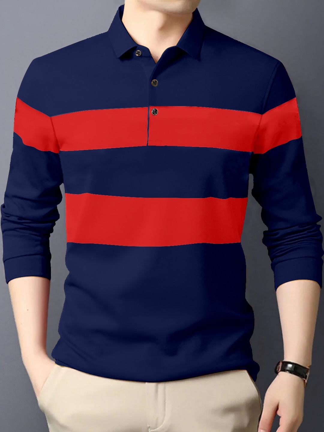

GESPO Striped Polo Collar Cotton T-shirt, Navy blue