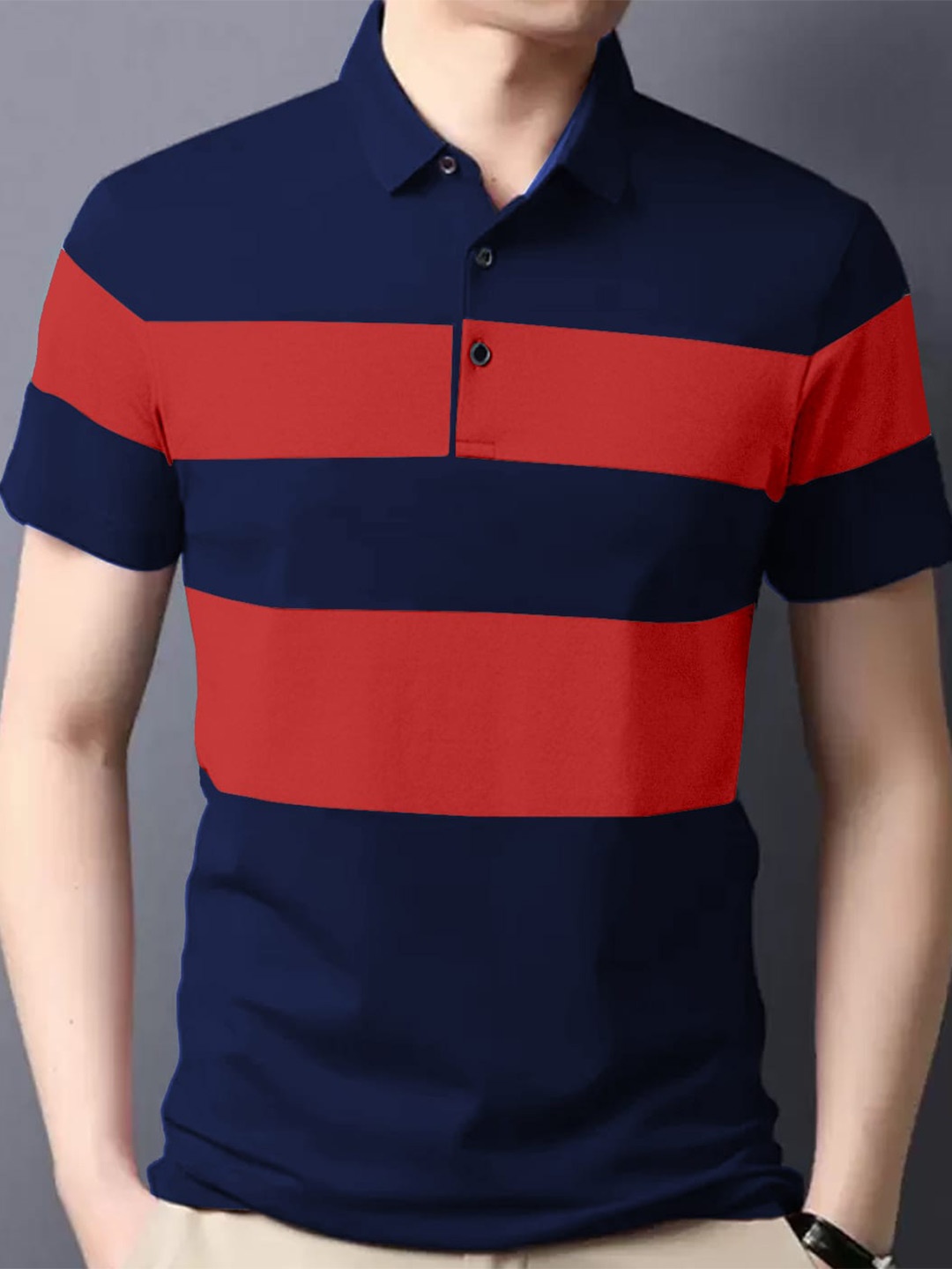 

GESPO Striped Polo Collar Cotton T-shirt, Blue